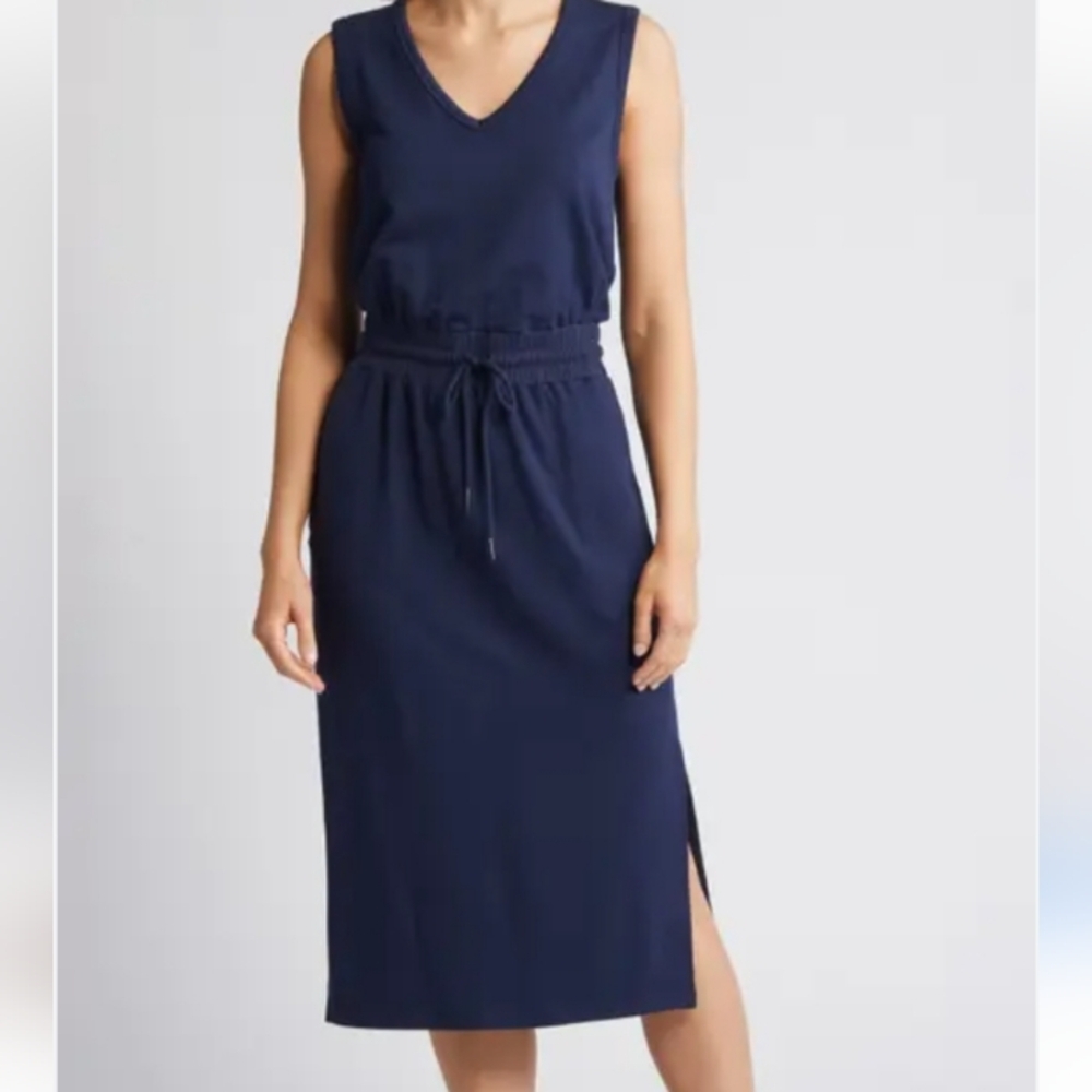 Evereve Elastic Waistband Drawstring Navy Blue Midi Dress Sz-XL